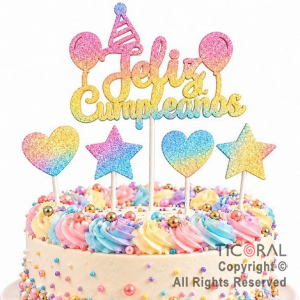 CAKE TOPPER FELIZ CUMPLEA�OS CON ESTRELLAS Y CORAZONES GIBRE MULTICOLOR